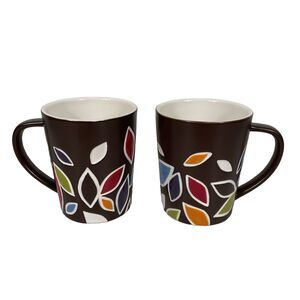 Starbucks Vintage Ceramic Coffee Tea Mugs Fall Leaves Brown Orange Set of 2 12oz